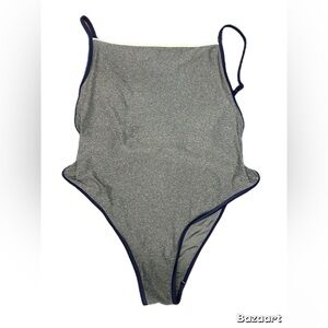 Aerie Gray One-Piece cheeky Swimsuit with Navy Trim size L